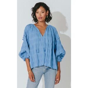 Cleobella Azariah Peasant Blouse Long Sleeve Cotton Cornflower Blue Large